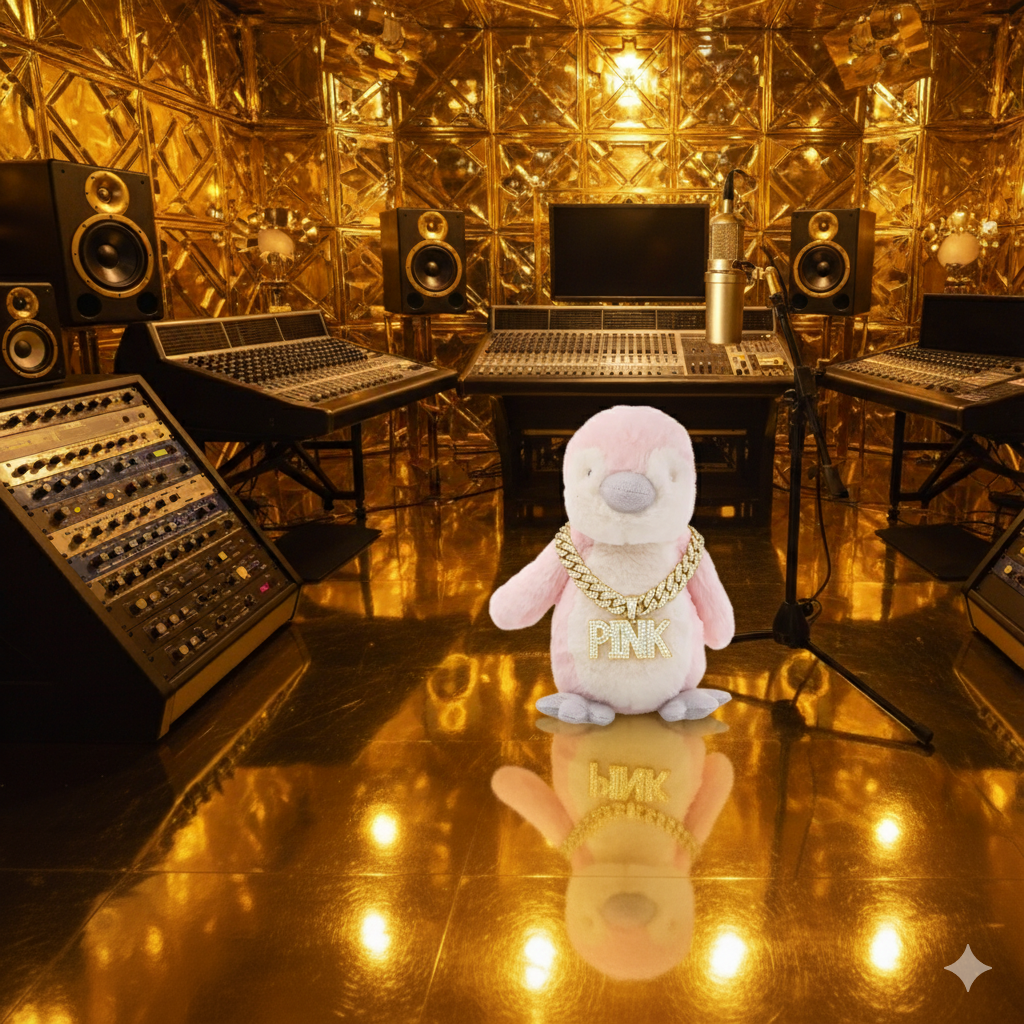 Pinky the pink penguin in the luxurious 24k gold FHG Productions recording studio - Recovery advocate and hope beacon for the candy addicted community