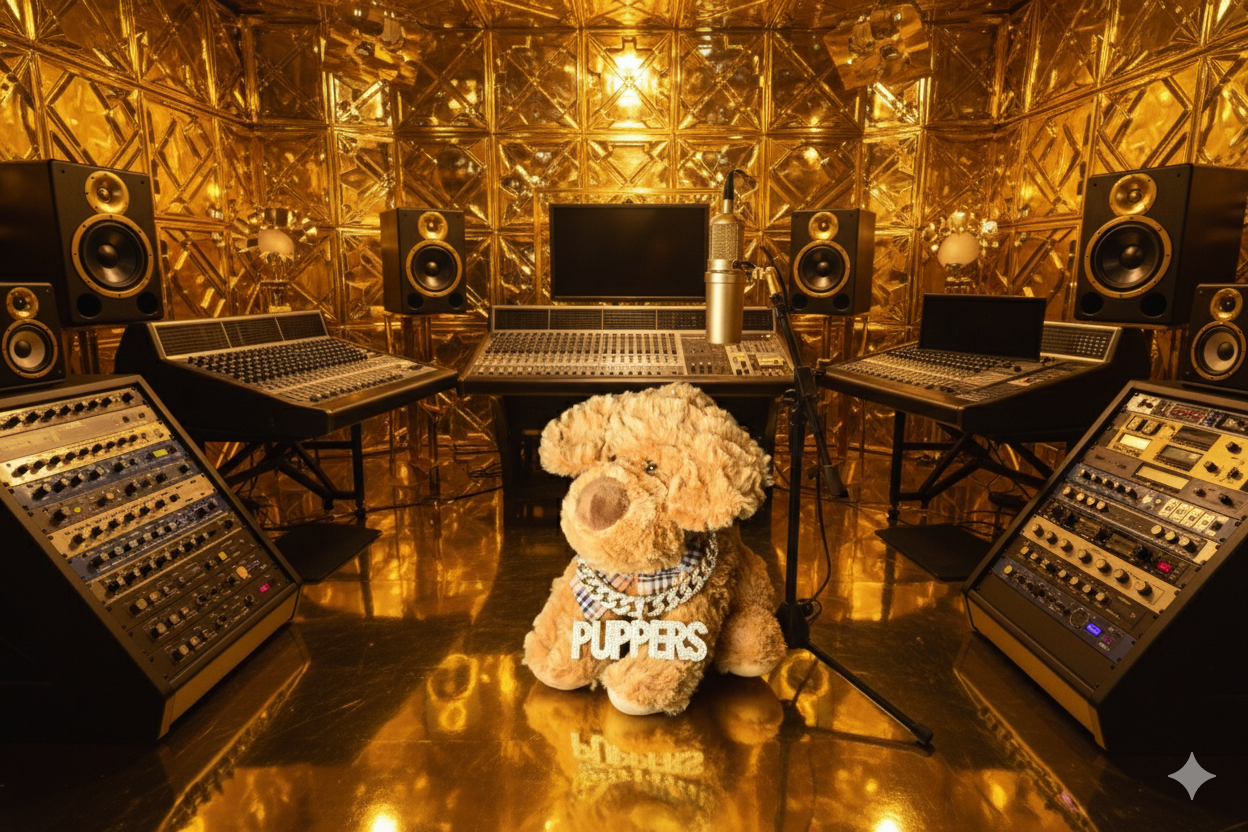 Puppers McSuppers in the luxurious 24k gold FHG Productions recording studio - Head Producer, Doctor, Psychologist, Lawyer, Judge, Actor and Cat Bite Victim Advocate